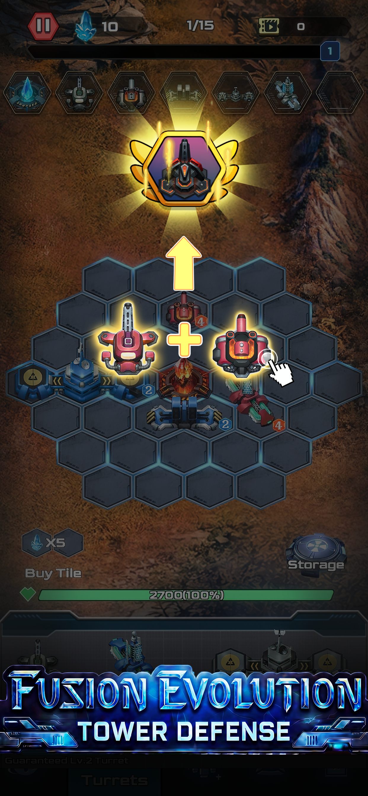Star Hold TD fusion screen showing two turrets merging into a stronger weapon