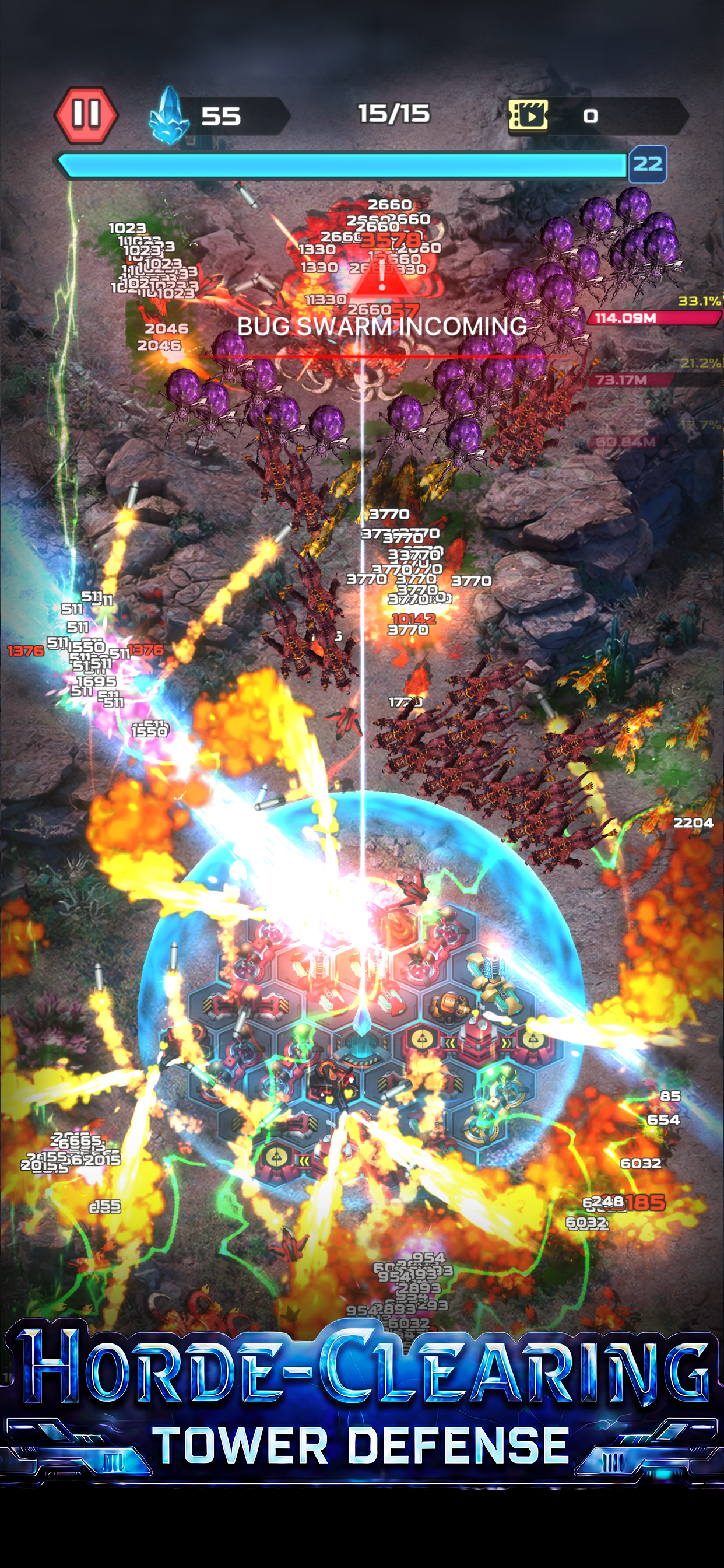 Star Hold TD battle screen with dense alien swarms and explosive turret fire