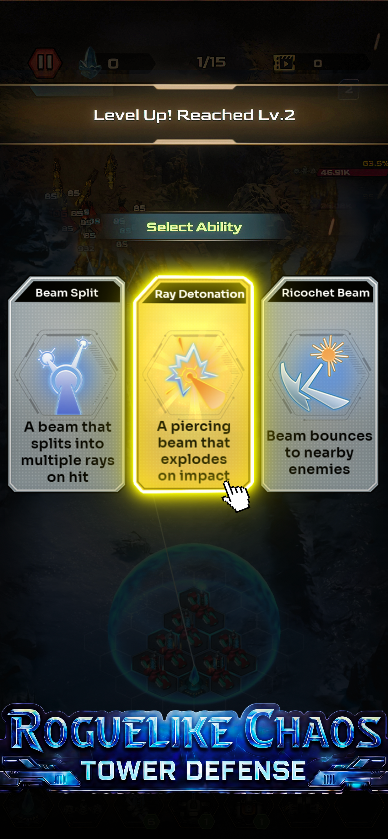 Star Hold TD roguelike upgrade cards with beam abilities